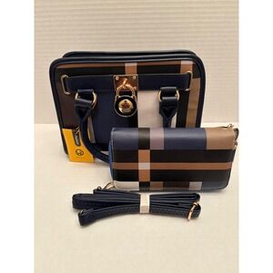 Wendykeen Plaid Satchel Handbag and Matching Wristlet Wallet Set Navy Brown New